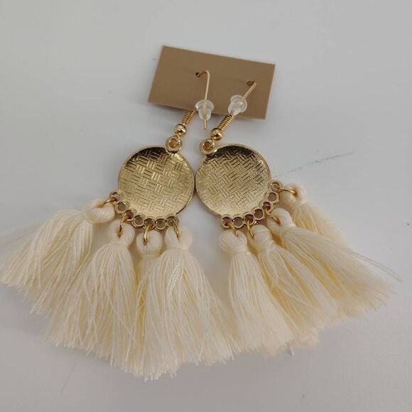 Boho Earrings Dangle Drop Western Carved Geometric Tassel Pendant Gold Tone Hook - Picture 4 of 7